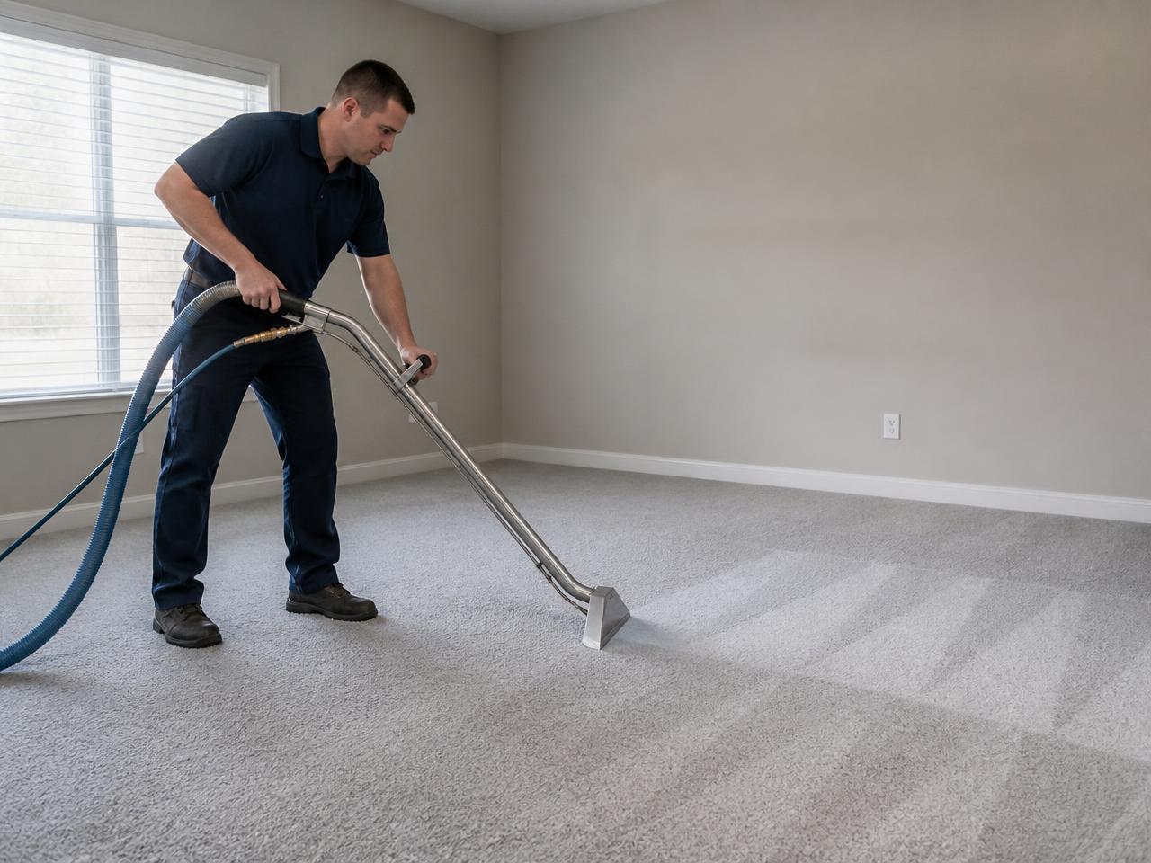 Carpet cleaning wand lifting dirt from carpet in an empty living room