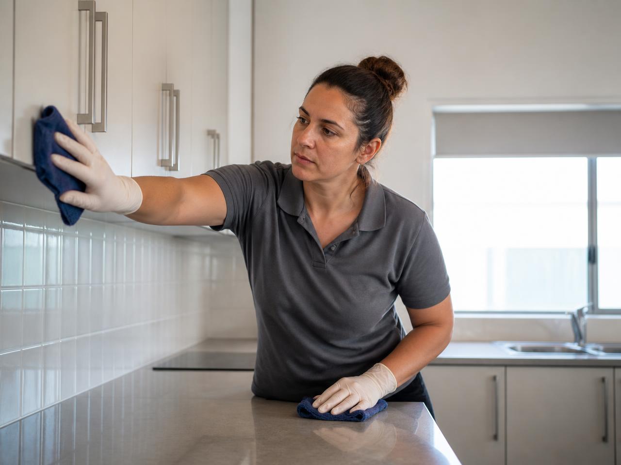Cleaner wiping kitchen cupboards and benchtops in an empty Sydney rental